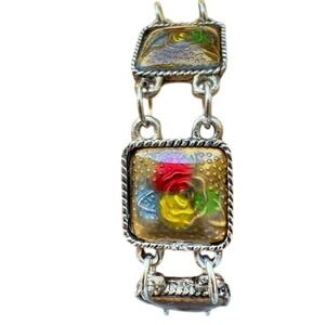 Vintage Rose Panel Bracelet Silver Gold Tone Floral Enamel Style Square Link